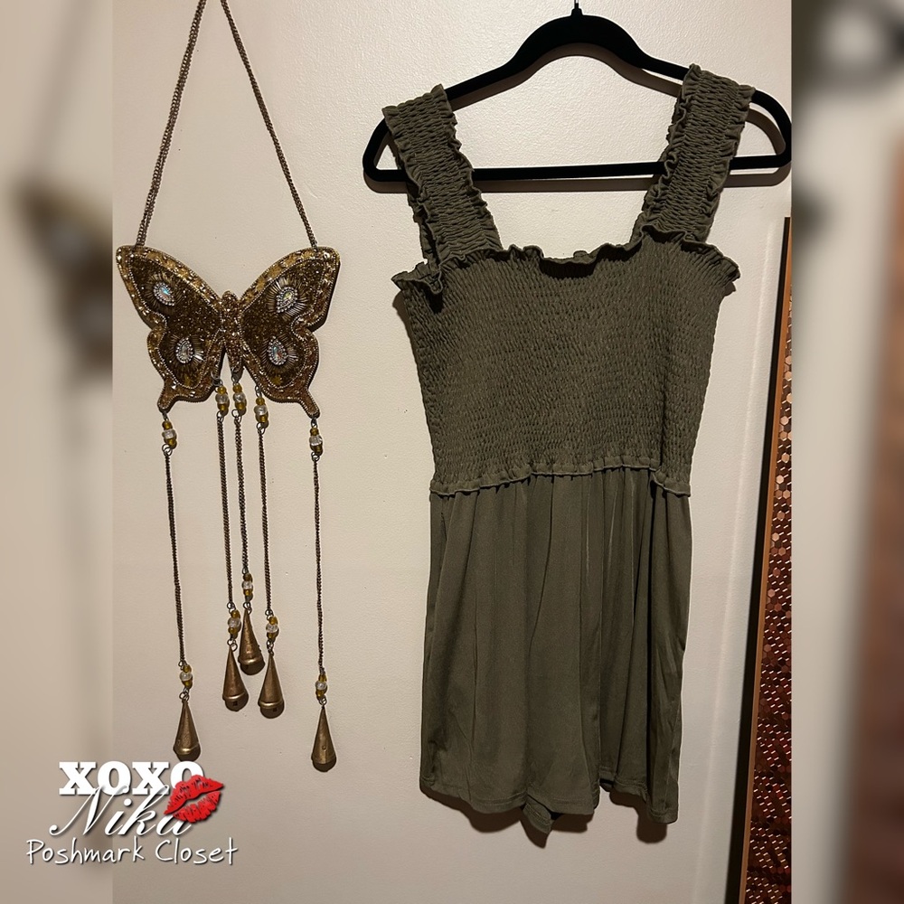 Olive Green Smocked Romper with Pockets - Size M